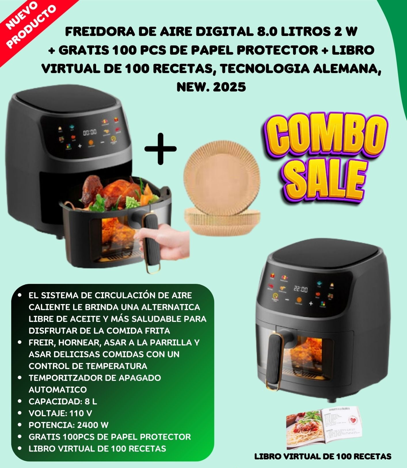 Miniatura 3 de Freidora Aire 8LTS X Home Negro+Rece Vir